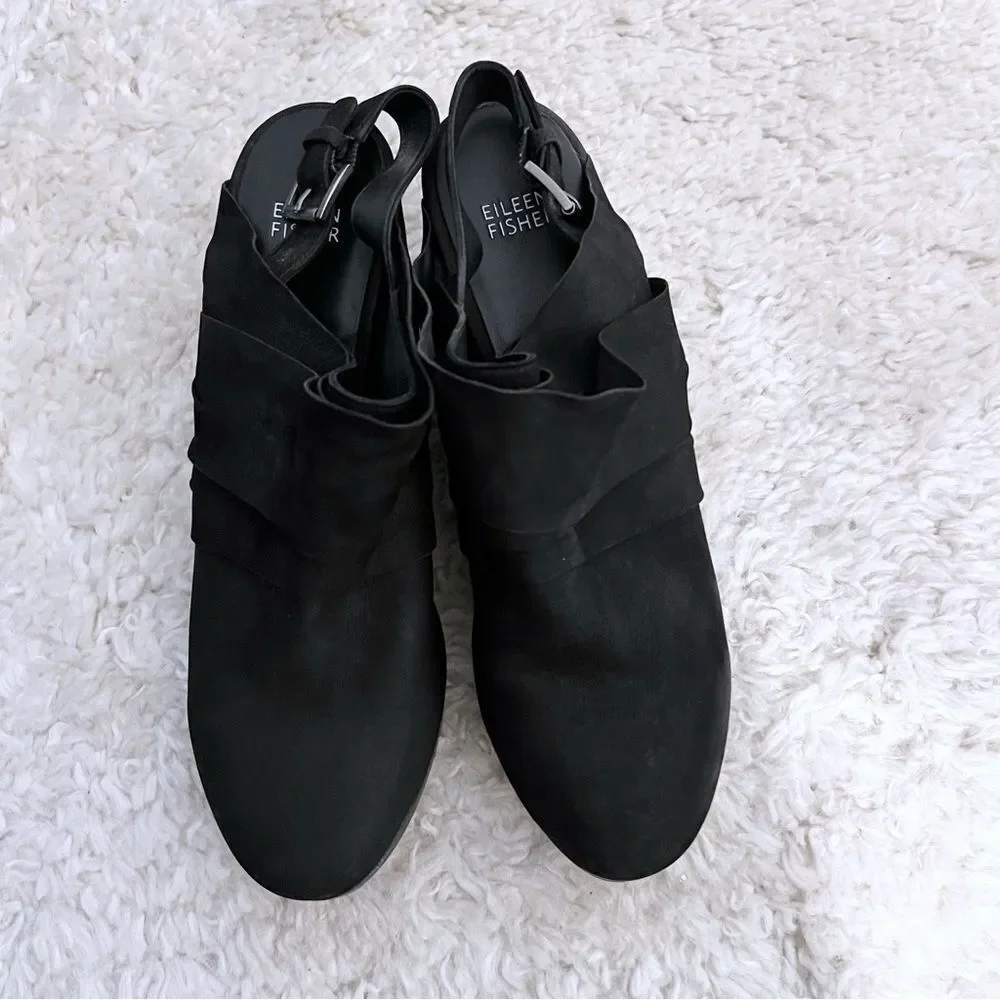 EILEEN FISHER Black Suede Closed Toe Mules Platform Chunky Women's Size 10